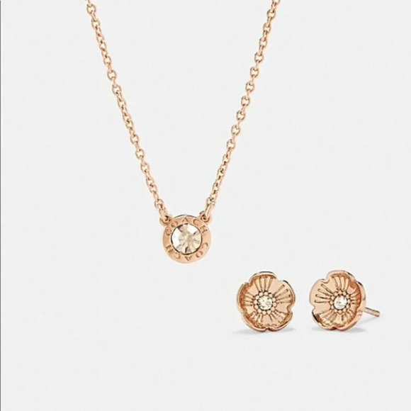 COACH Open Circle Necklace And Tea Rose Stud Set - Picture 1 of 2